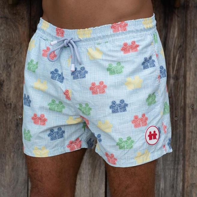 "Brotherhood Scribble" Swim Trunks (Mens) : White - Front View | Syd & Rex