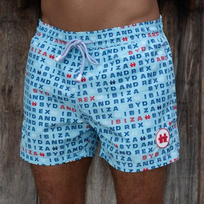 "Words" Swim Trunks (Mens) : Sky - Front View | Syd & Rex