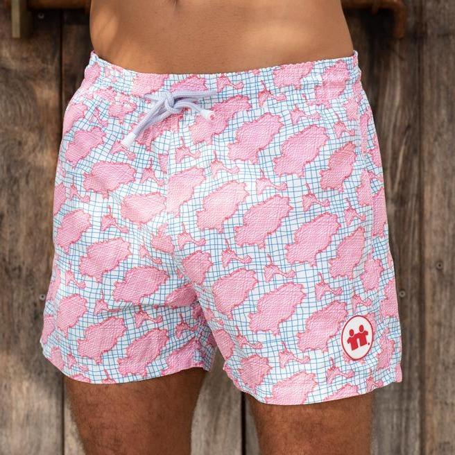 "Island Scribble" Swim Trunks (Mens) : Pink - Front View | Syd & Rex