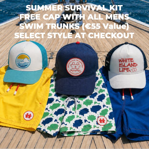 Summer Survival Kit — Free cap with all men's swim trunks (€55 value)