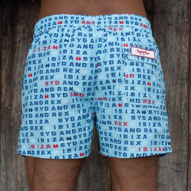"Words" Swim Trunks (Mens) : Sky - Detail View | Syd & Rex