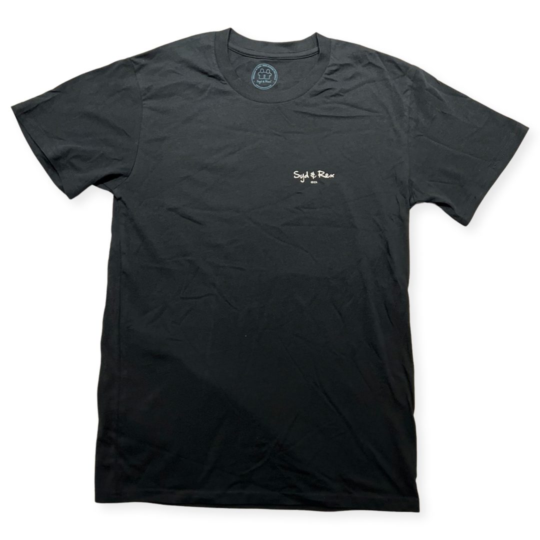 Syd & Rex Roundaback men's t-shirt in Blue — back view with graphic detail
