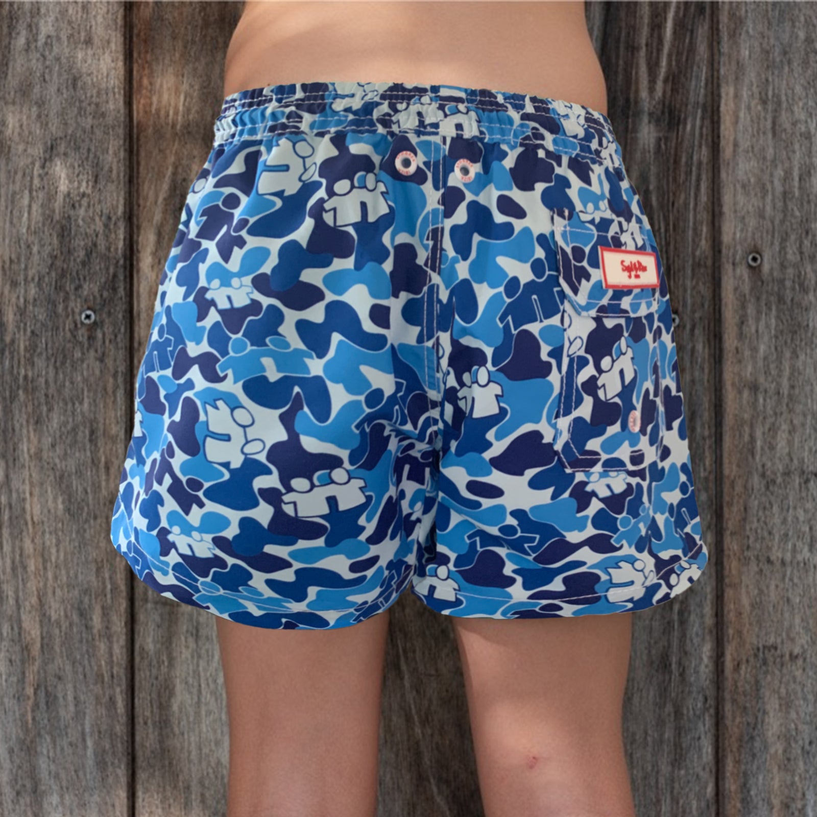 Syd & Rex Brotherhood Camo boys' swim trunks in Blue — back view showing print detail