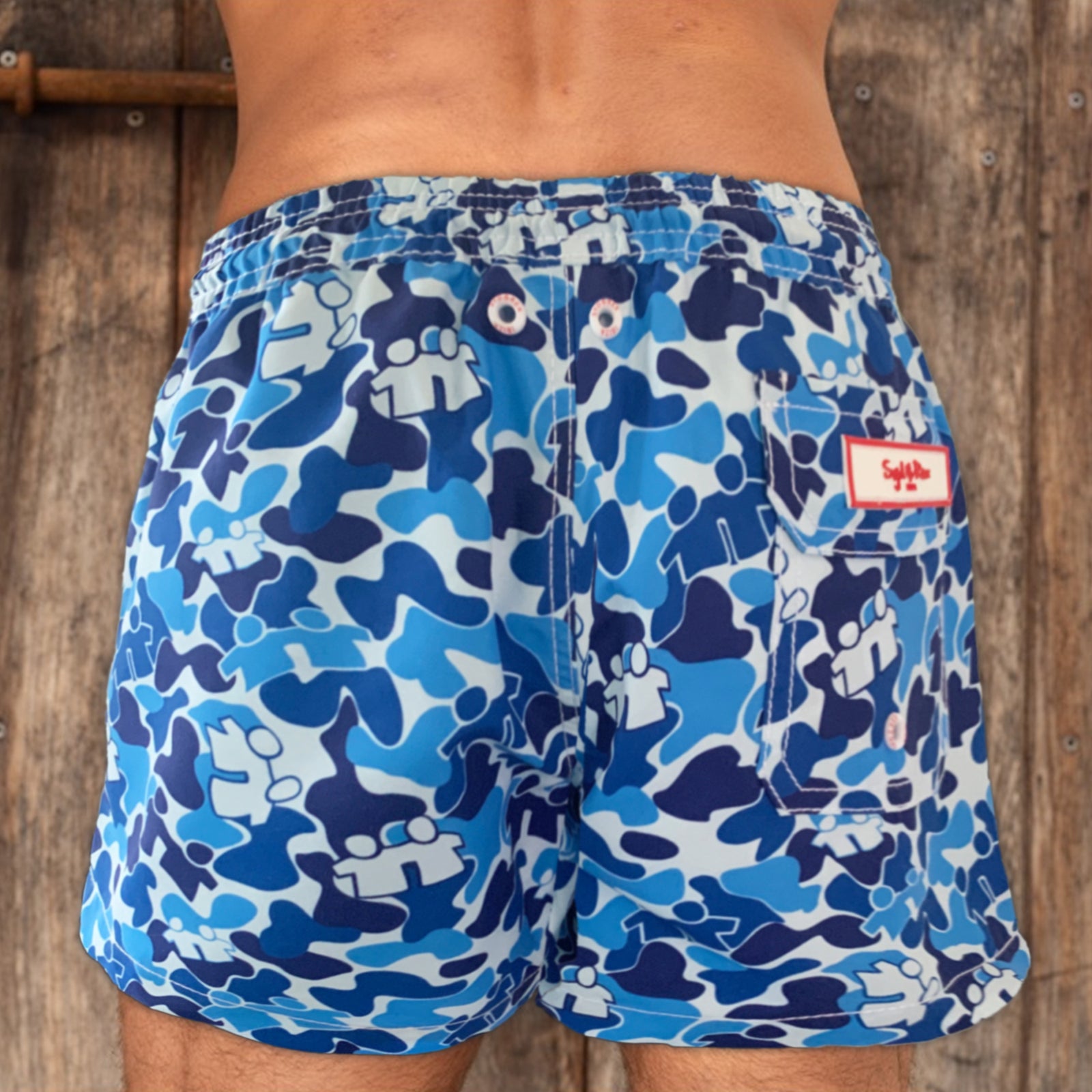 Syd & Rex Brotherhood Camo men's swim trunks in Blue — back view showing print detail