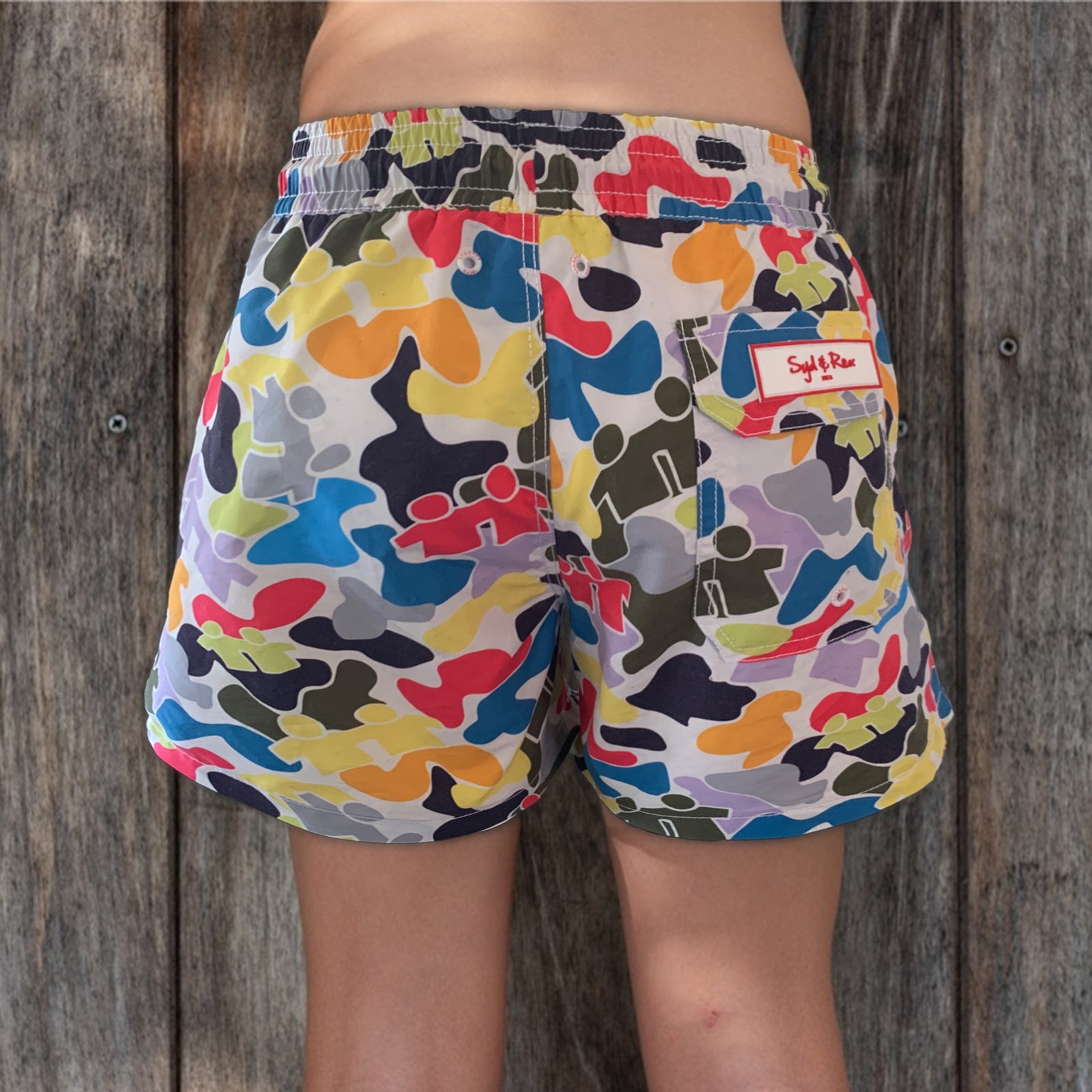 Syd & Rex Brotherhood Camo boys' swim trunks in Multi — back view showing print detail