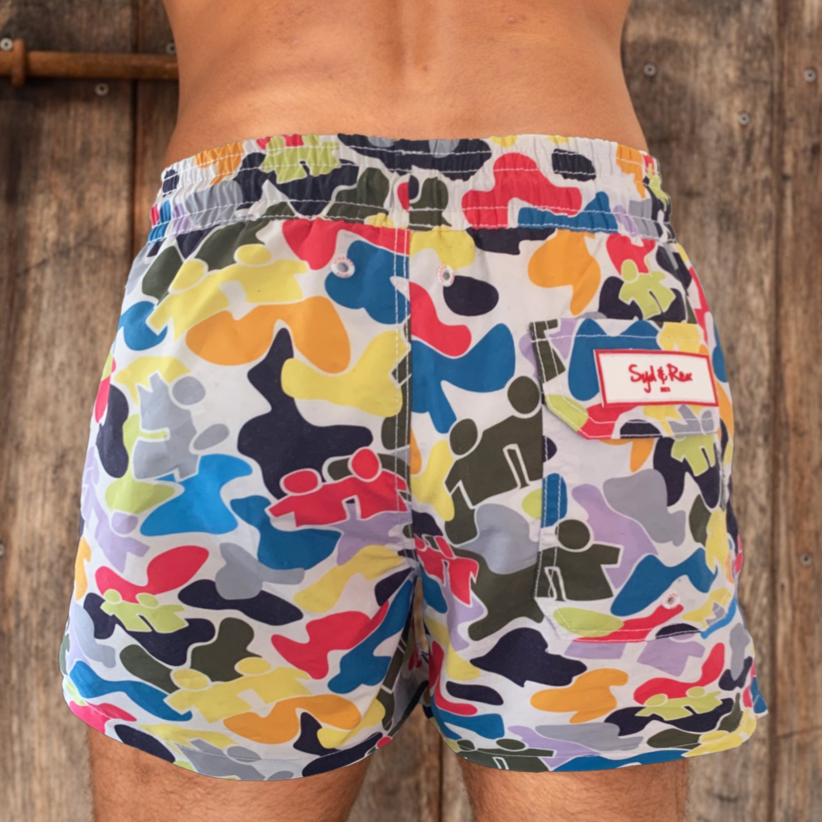 Syd & Rex Brotherhood Camo men's swim trunks in Multi — back view showing print detail