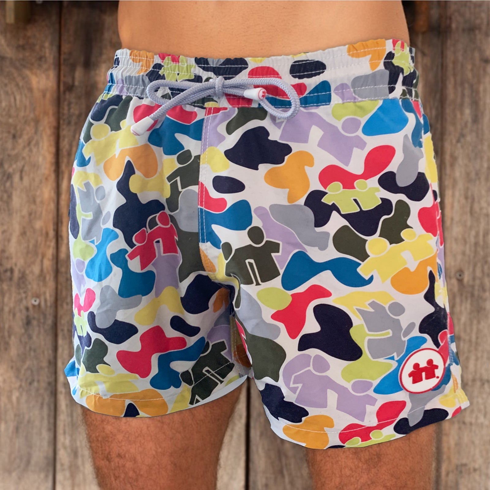 Syd & Rex Brotherhood Camo men's premium swim trunks in Multi — front view, made from SeaQual ocean plastic