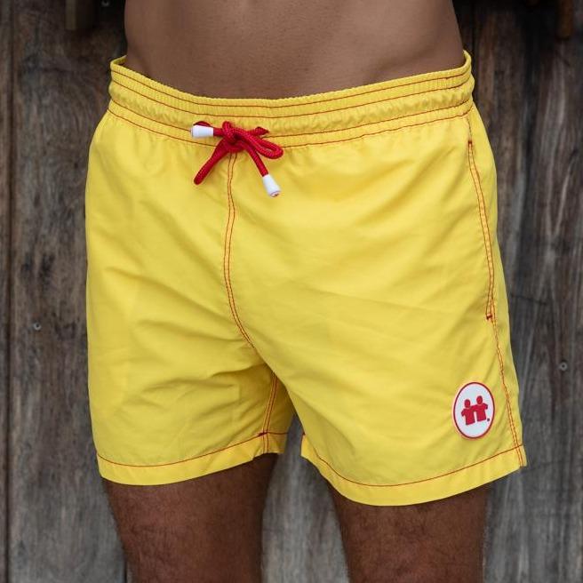 Syd & Rex Solid Rock men's premium swim trunks in Yellow — front view, made from SeaQual ocean plastic
