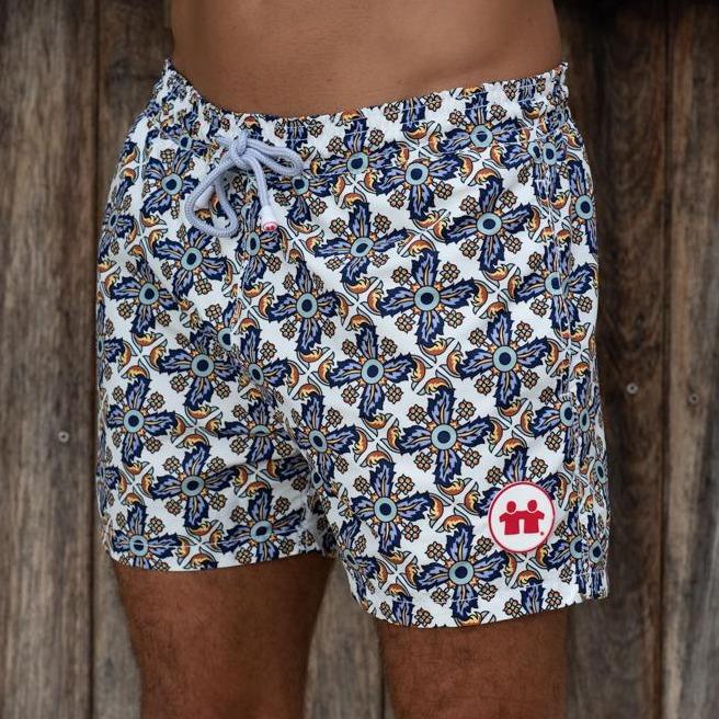 Syd & Rex Mambo Ibiza Tiles men's premium swim trunks in White — front view, made from SeaQual ocean plastic