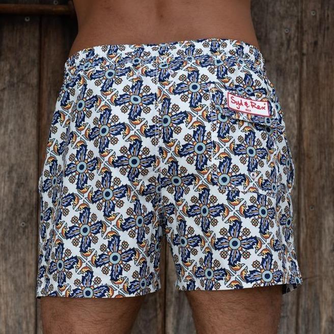 Syd & Rex Mambo Ibiza Tiles men's swim trunks in White — back view showing print detail
