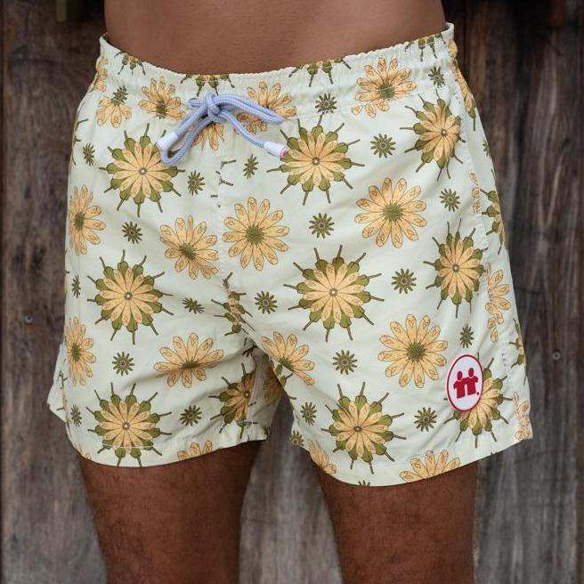 Syd & Rex Fishy Flowers men's premium swim trunks in PineLime — front view, made from SeaQual ocean plastic