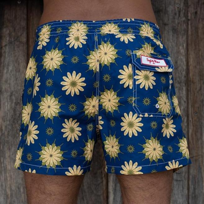 Rear View of Blue Pattern Swim Trunks