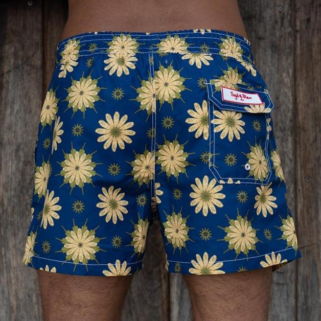 Rear View of Blue Pattern Swim Trunks