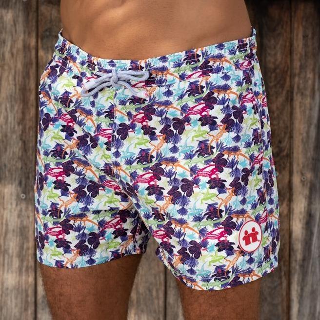 Syd & Rex Wild Life men's premium swim trunks in White — front view, made from SeaQual ocean plastic