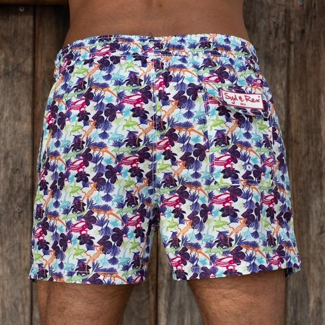 Syd & Rex Wild Life men's swim trunks in White — back view showing print detail