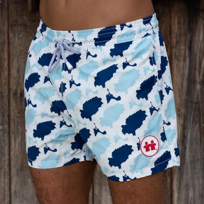 Syd & Rex Island Camo men's premium swim trunks in Blue/Sky — front view, made from SeaQual ocean plastic