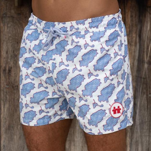 Front View of Blue White Pattern Swim Trunks