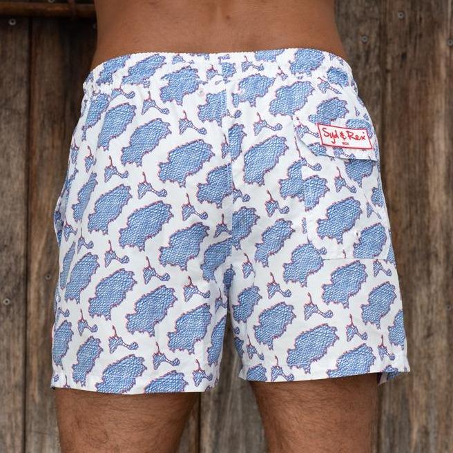 Back View of Blue White Pattern Swim Trunks