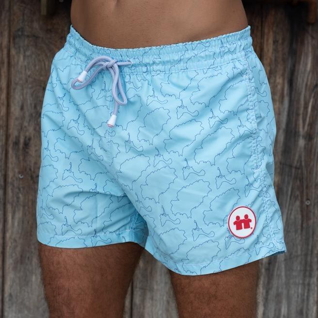 Syd & Rex Island Lines men's premium swim trunks in Sky/Blue — front view, made from SeaQual ocean plastic