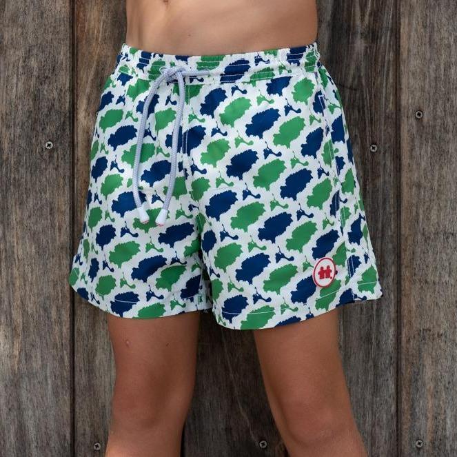 Syd & Rex Island Camo boys' premium swim trunks in Blue/Green — front view, made from SeaQual ocean plastic
