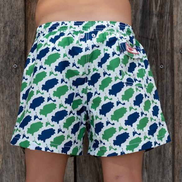 Syd & Rex Island Camo boys' swim trunks in Blue/Green — back view showing print detail