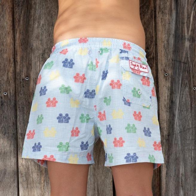 Syd & Rex Brotherhood Scribble boys' swim trunks in White — back view showing print detail