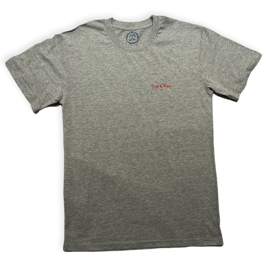 Syd & Rex Roundaback men's t-shirt in Grey — back view with graphic detail