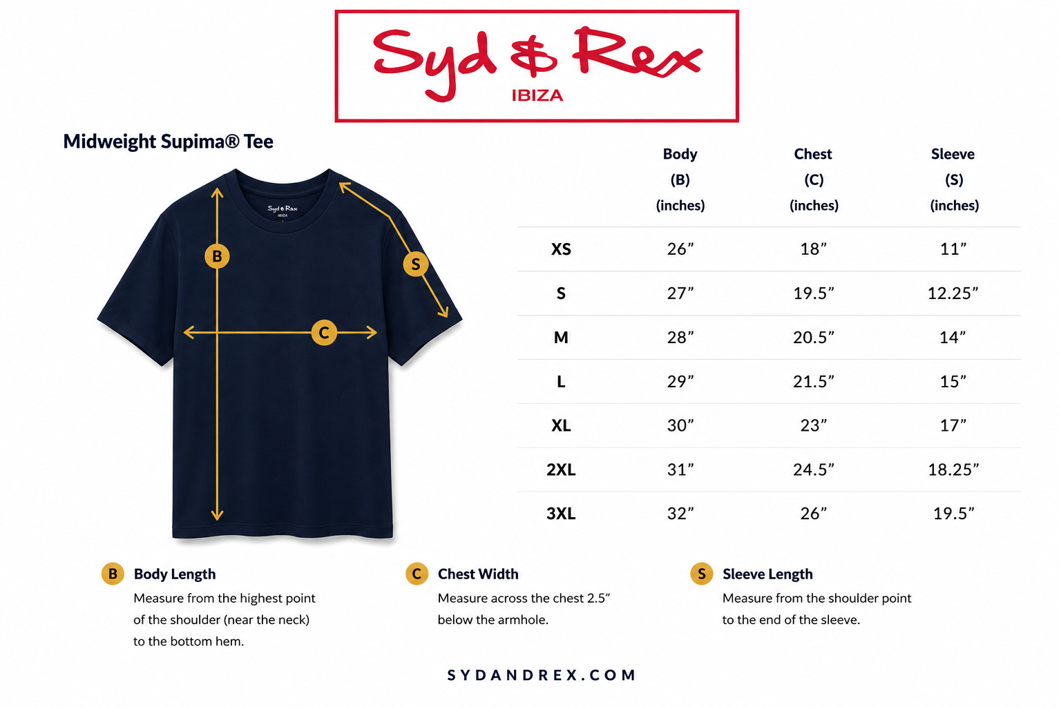 Syd & Rex Midweight Supima Tee size chart in inches