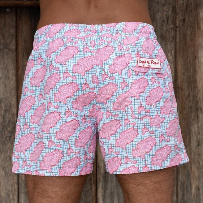 "Island Scribble" Swim Trunks (Mens) : Pink - Detail View | Syd & Rex