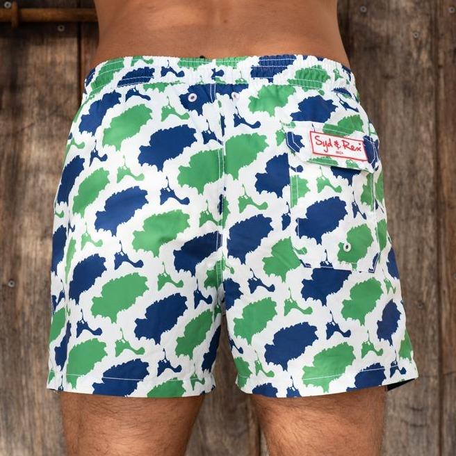 "Island Camo" Swim Trunks (Mens) : Blue/Green - Detail View | Syd & Rex