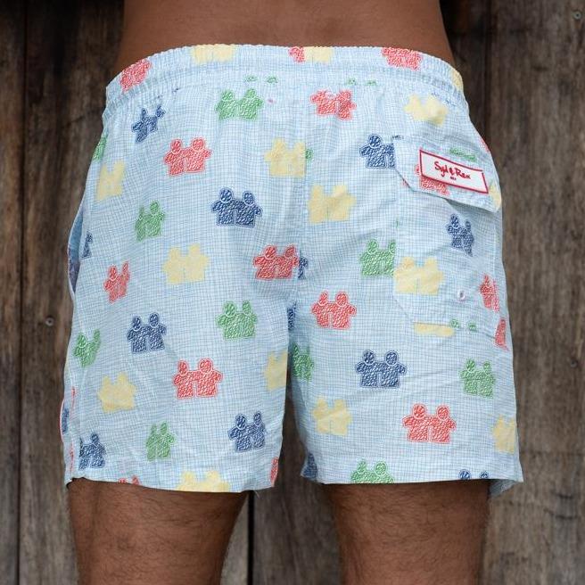"Brotherhood Scribble" Swim Trunks (Mens) : White - Detail View | Syd & Rex