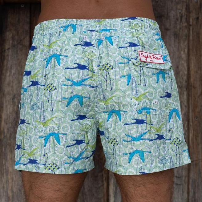 "Birds of a Feather" Swim Trunks (Mens) : Green - Detail View | Syd & Rex