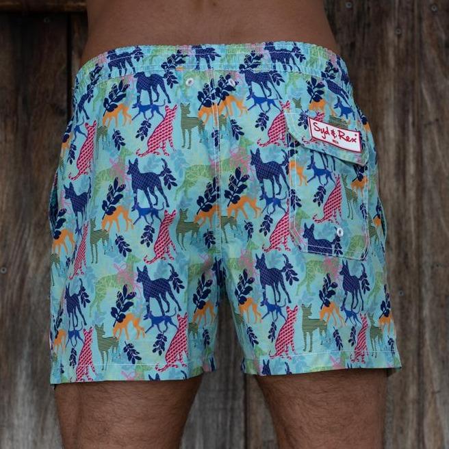 "Party Dogs" Swim Trunks (Mens) : Mint - Detail View | Syd & Rex