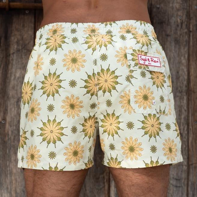 Syd & Rex Fishy Flowers men's swim trunks in PineLime — back view showing print detail