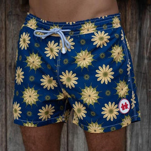 Front View of Blue Pattern Swim Trunks
