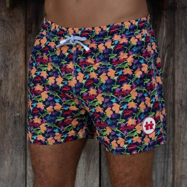 Front View of Blue Pattern Mens Swim Trunks