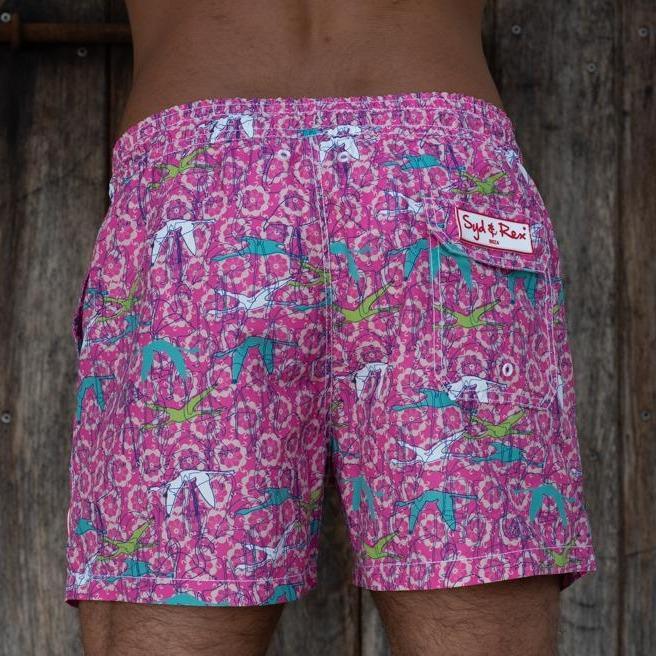 Syd & Rex Birds of a Feather men's swim trunks in Pink — back view showing print detail