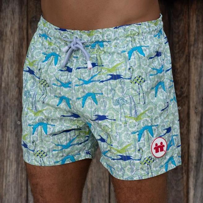 Front View of Green Pattern Swim Trunks