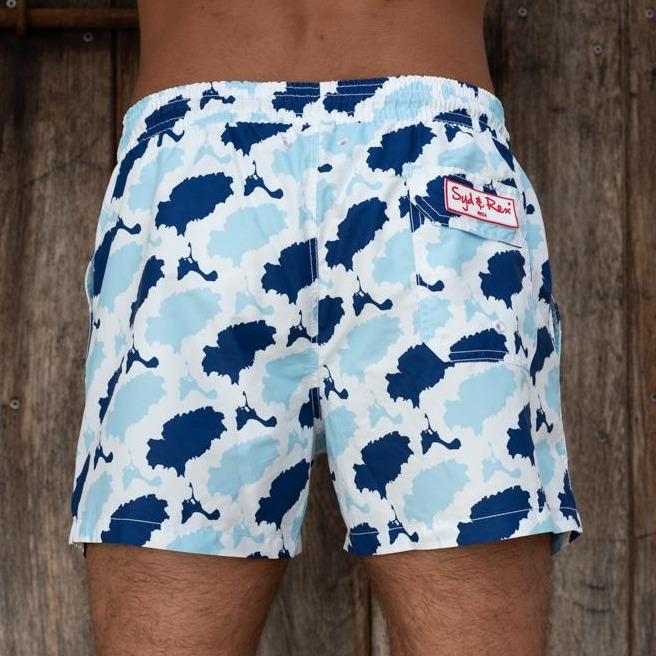 Syd & Rex Island Camo men's swim trunks in Blue/Sky — back view showing print detail