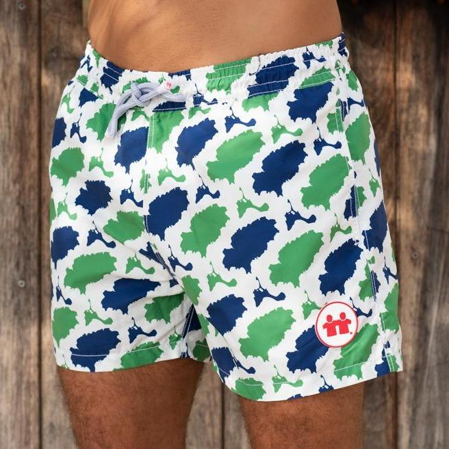 Front View of Blue Green Pattern Swim Trunks