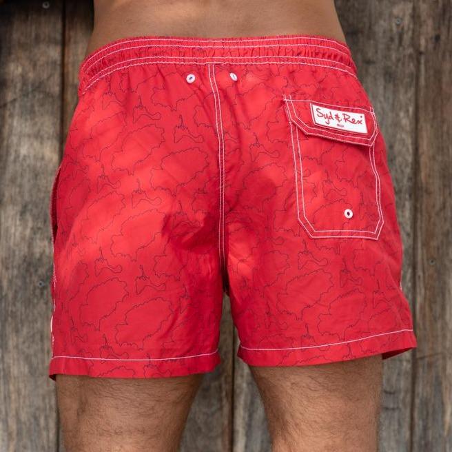 Syd & Rex Island Lines men's swim trunks in Red/Blue — back view showing print detail