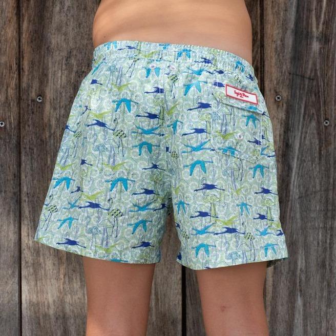 Syd & Rex Birds of a Feather boys' premium swim trunks in Green — front view, made from SeaQual ocean plastic