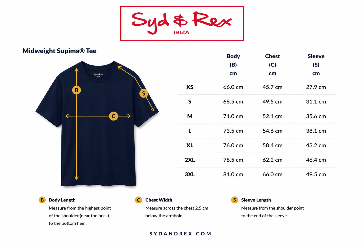 Syd & Rex Midweight Supima Tee size chart in centimetres